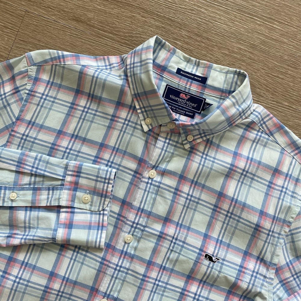 Vineyard Vines Slim Fit Tucker Shirt Women's M Blue Plaid Saltwater Wash